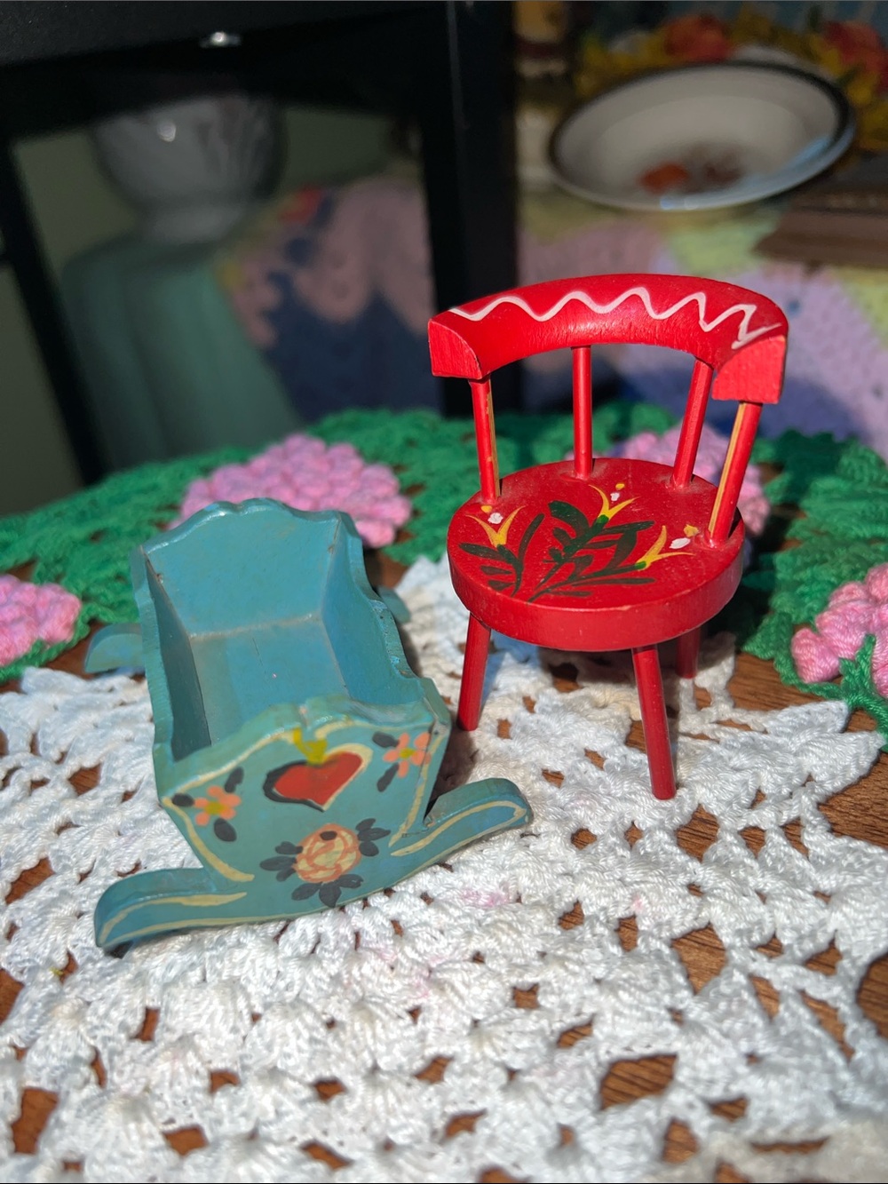 Hand-Painted Miniature Red Chair and Teal Rocking Cradle for doll house